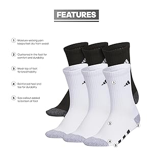 adidas Unisex Kids Crew Socks for Boys and Girls Youth (6-pack) Athletic Cushioned and Comfortable, Tall Mid-calf
