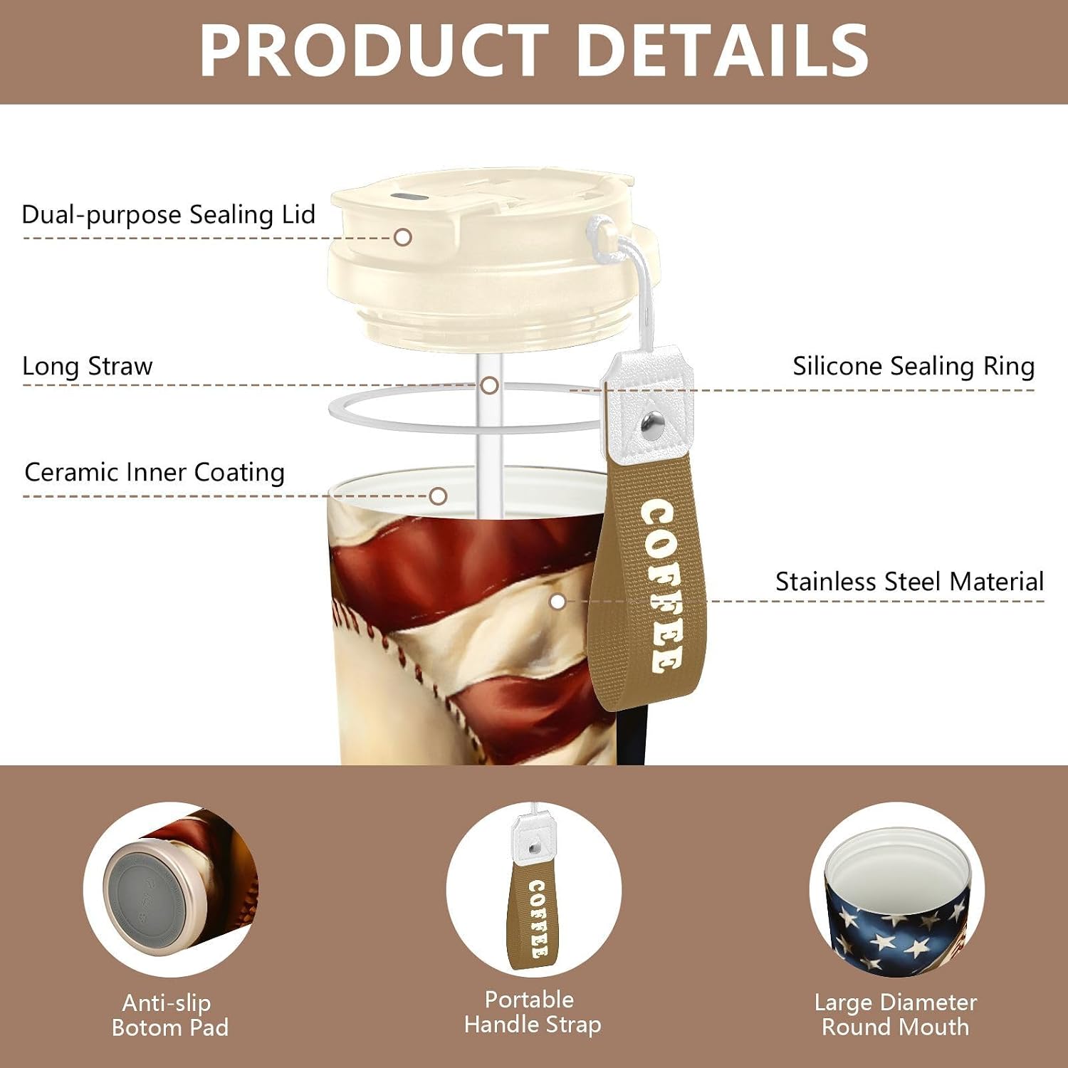 Baseball America Flag Insulated Coffee Mug with Straw & Flip Lid, 16.9oz Iced Tumbler Cup, Double Wall Vacuum Leak-Proof Mug for Travel Office