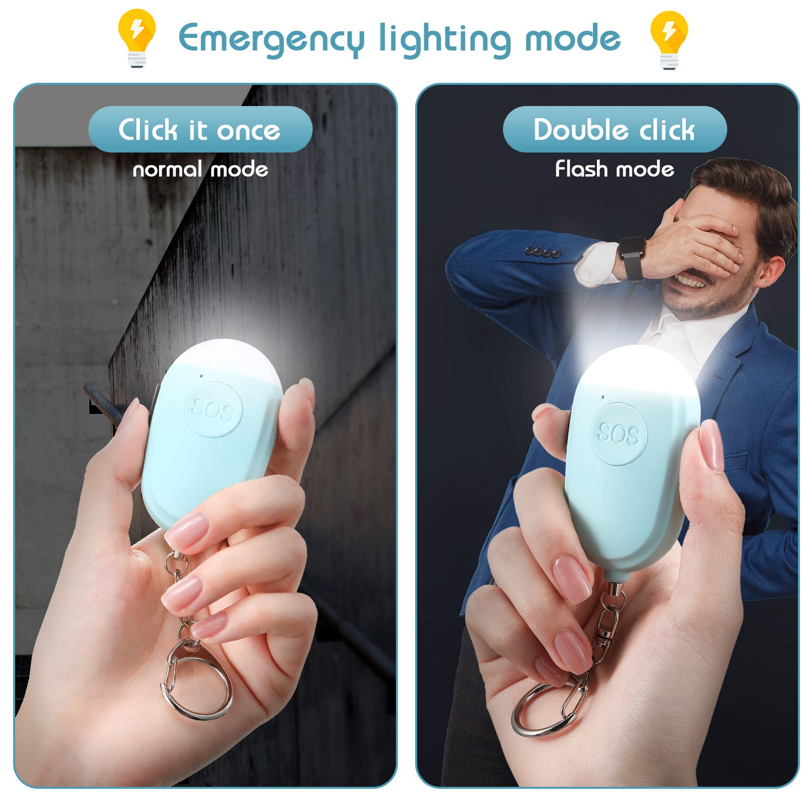 4 Piezas Llavero de Alarma de Seguridad Personal Llavero Canción de Auto Sirena de Alarma de Seguridad de 130 db con USB Recargable Linterna LED para Mujeres Niños Ancianos Hombres