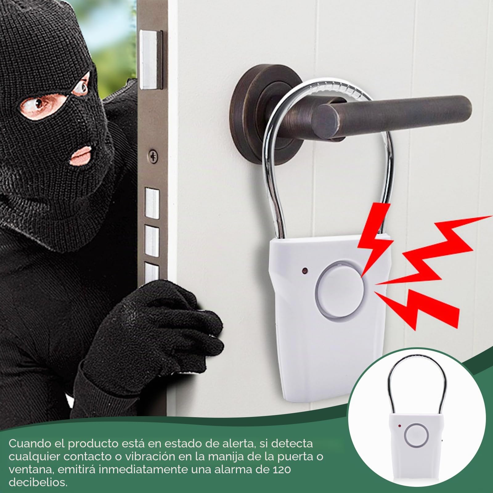 2 piezas de alarma de manija de puerta, alarma antirrobo inalámbrica de 120 dB, sensor táctil y de vibración para puerta y ventana, alerta de seguridad para casa, hotel de viaje, autocaravana, color