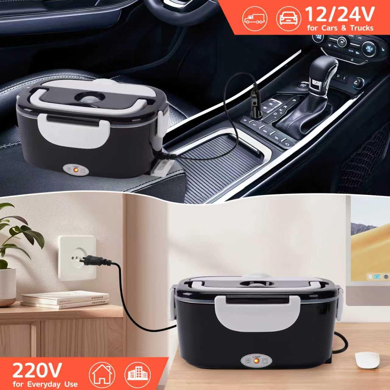 Lunch Box Chauffante Électrique 100W, 3 en 1 Portable, Gamelle Chauffante en Acier Inoxydable avec 2 Boîtes Amovibles, 12V/24V/220V pour Voiture, Camion et Bureau (Noir et Blanc, 1,5 L)