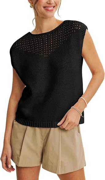 Women Sweater Vest Sleeveless Knit Top Hollow Out Round Neck Lightweight Summer Pullover Blouse