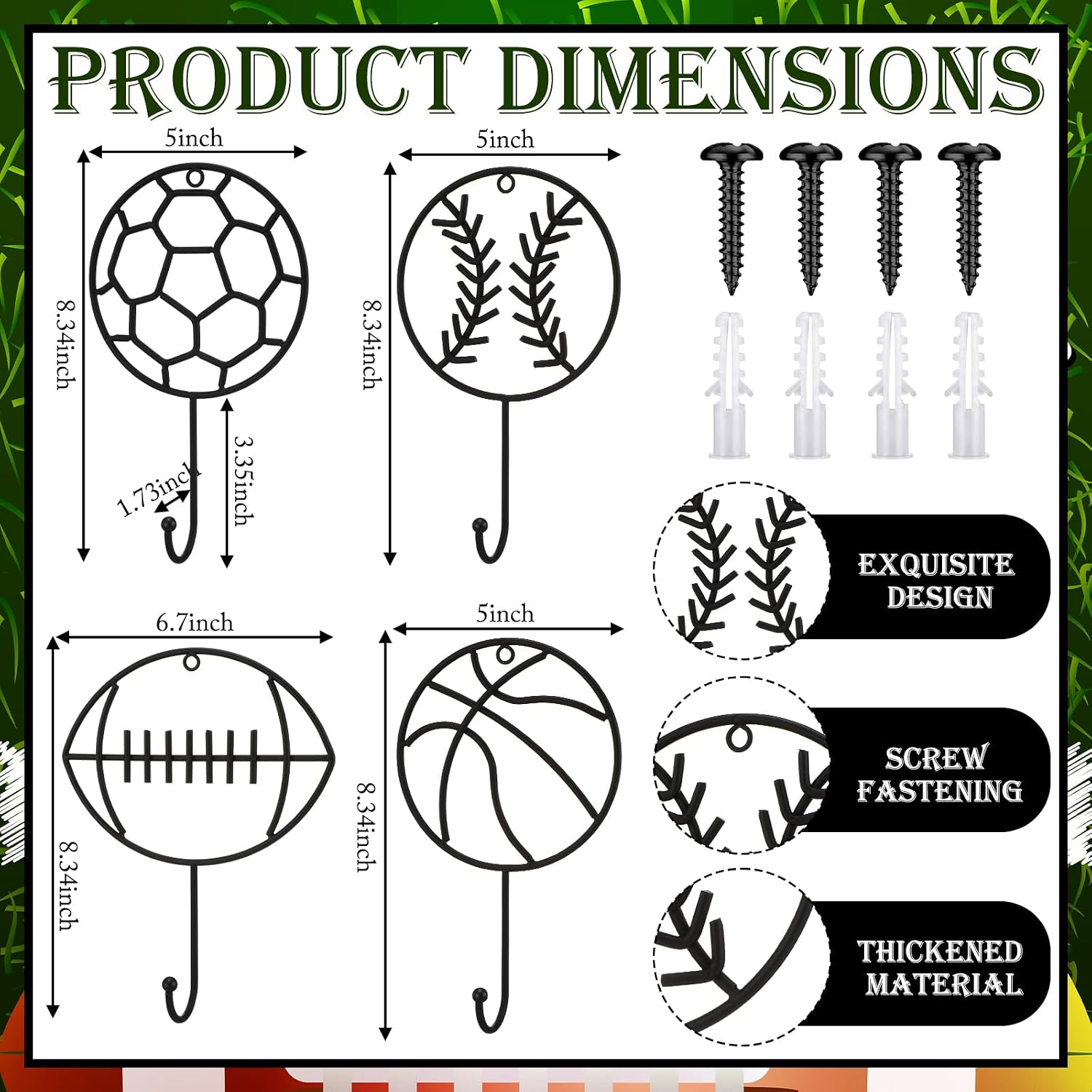 Chumia 4Pcs Large Metal Sports Coat Hooks Baseball Football Basketball Soccer Sports-Theme Wall Hook Set for Backpacks Hats and Keys for Boys Bedroom Gym Garage