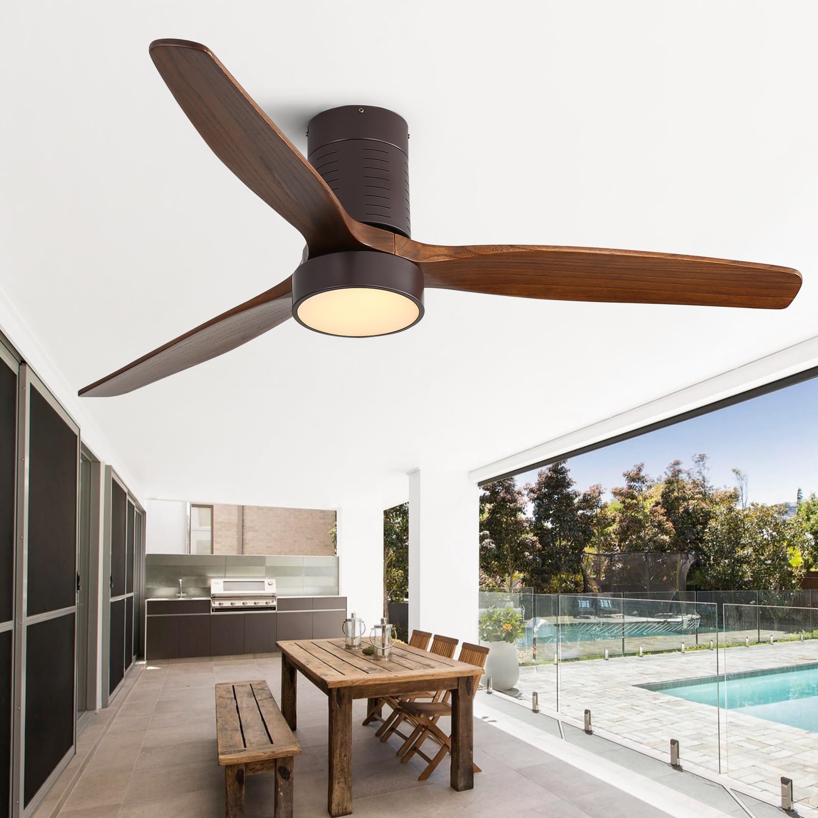Sofucor Low Profile Ceiling Fan with Lights Flush Mount Modern Ceiling Fan with Remote Control 52-Inch Wood Ceiling Fan 3 Reversible Dark Wood Blades Noiseless Reversible DC Motor