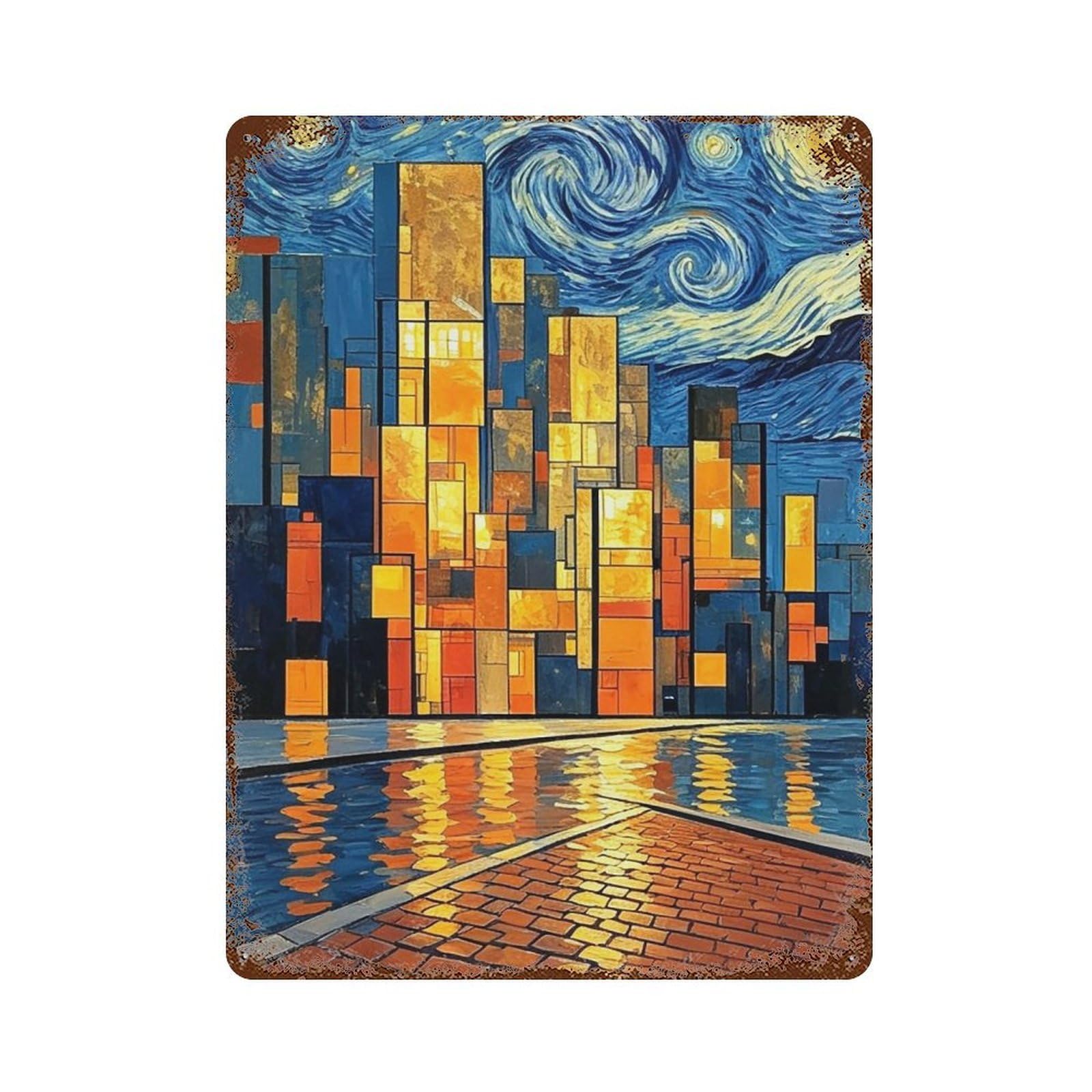 MGHTGRWE Cubist Waterfront Metropolis (3) Poster Wall Art Iron Vintage Metal Tin Sign Modern Home Cofffee Club Art Bar Shop Decor 40x30cm