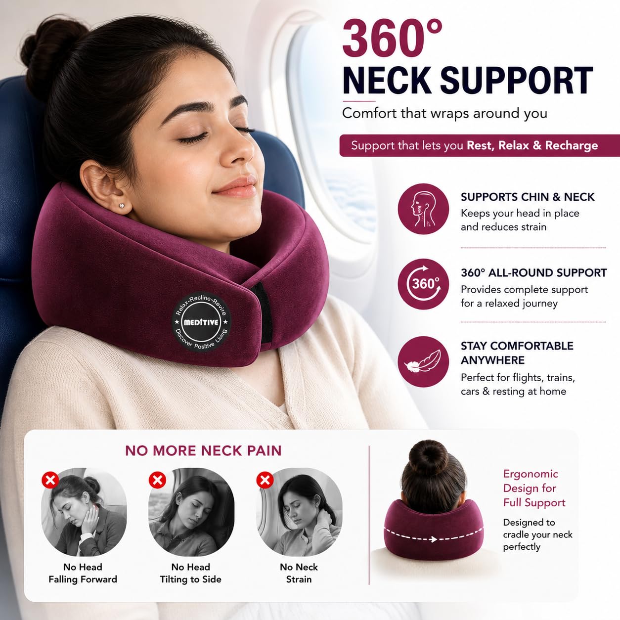 MEDITIVE Memory Foam Neck Pillow for Travel Neck Protection Arm Rest Foldable with Carry Bag (Pink) 1