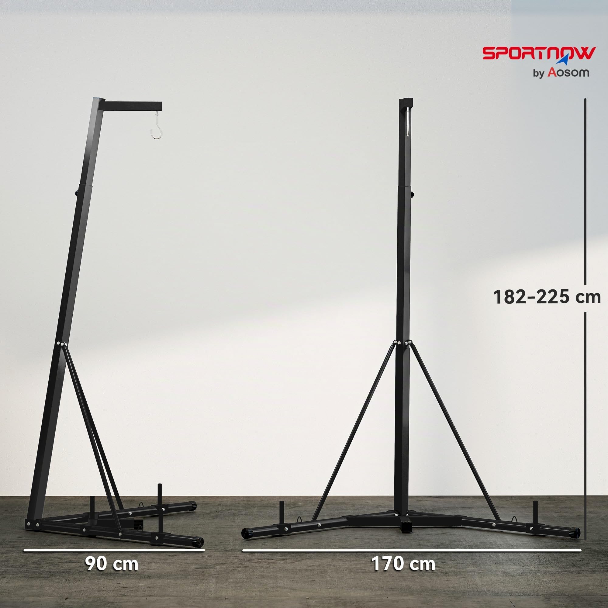 SPORTNOW Supporto Sacco da Boxe Regolabile in Altezza e Autoportante, Sostegno con Base Triangolare e Supporto per Pesi, Max 60kg, 170x90x182-225 cm, Nero