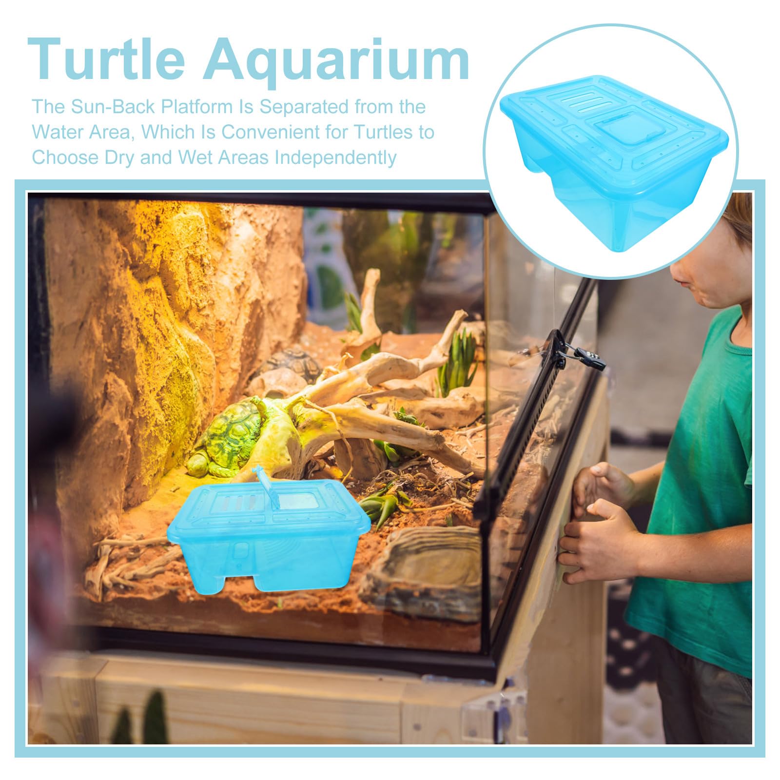 Turtle Tank Kit con Coperchio e Basking Platform per Rettili | Abs, Base Ampia con Zona Asciutta Separata, Lid Apribile e Cover Sigillata, 13.07x9.33x5.71in