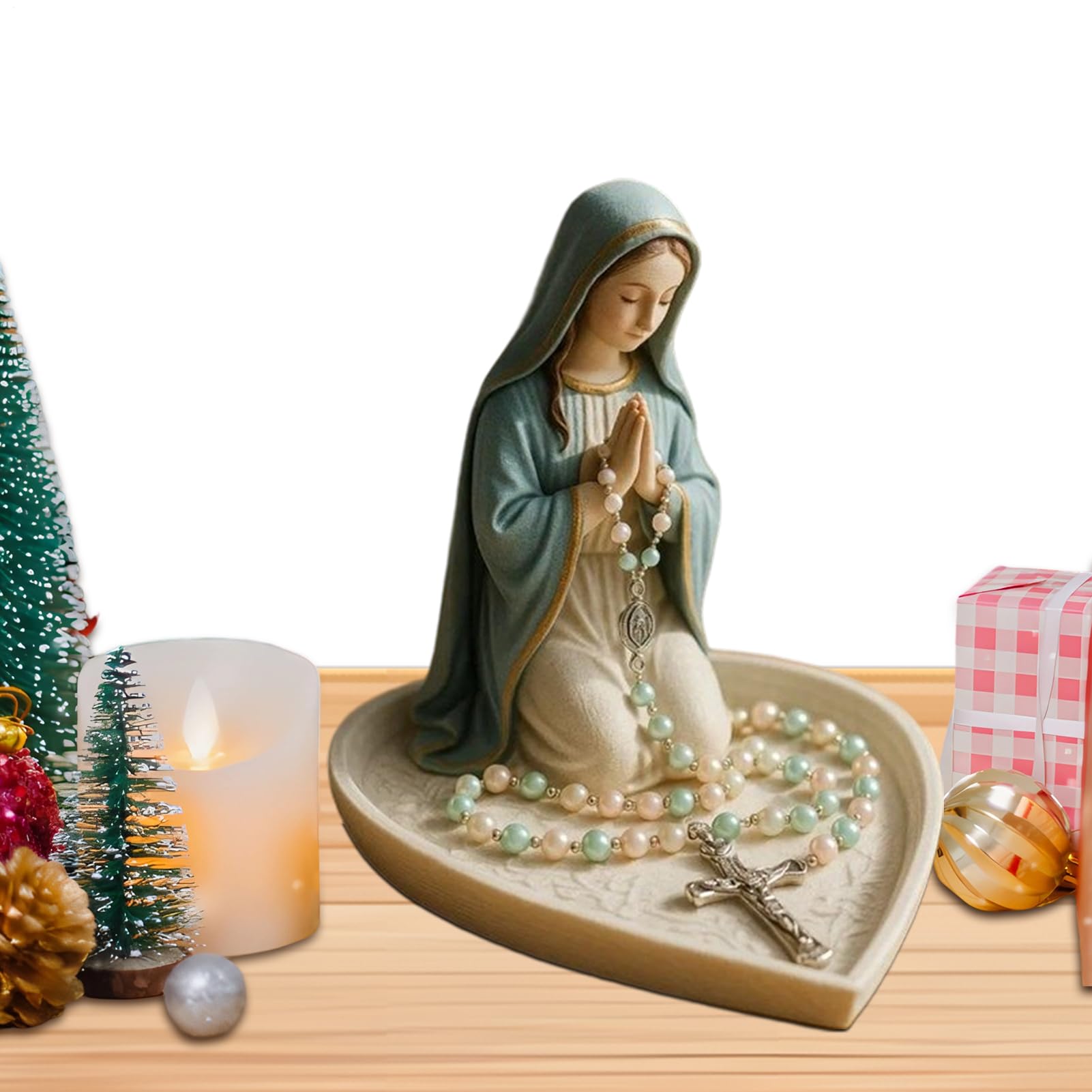 Porta Virgen en oración detiene enredos: soporte de collares de resina