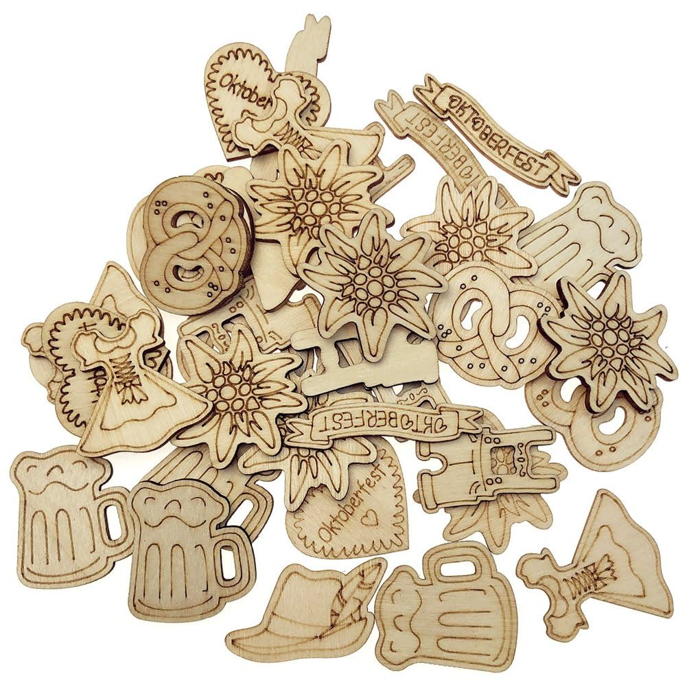 Fituenly 50pcs Oktoberfest Unfinished Wooden Craft Set, Beer Cup Blank Wood Cutout Charms Slices for Diy Painting, Multipurpose Decorations for Celebration