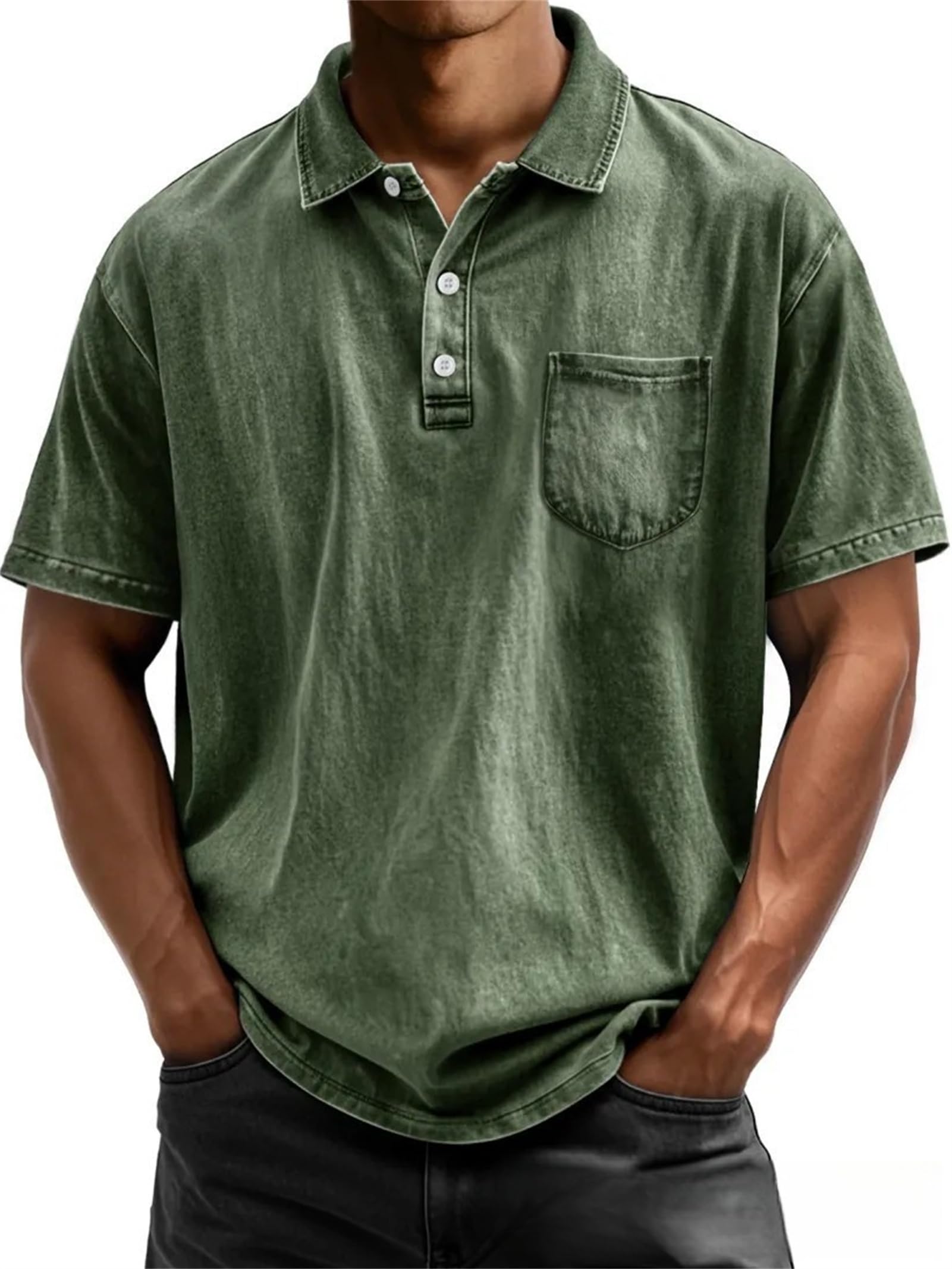 Mokaloha Camicie da uomo vintage Henley lavate e usurate in cotone con colletto e tasca