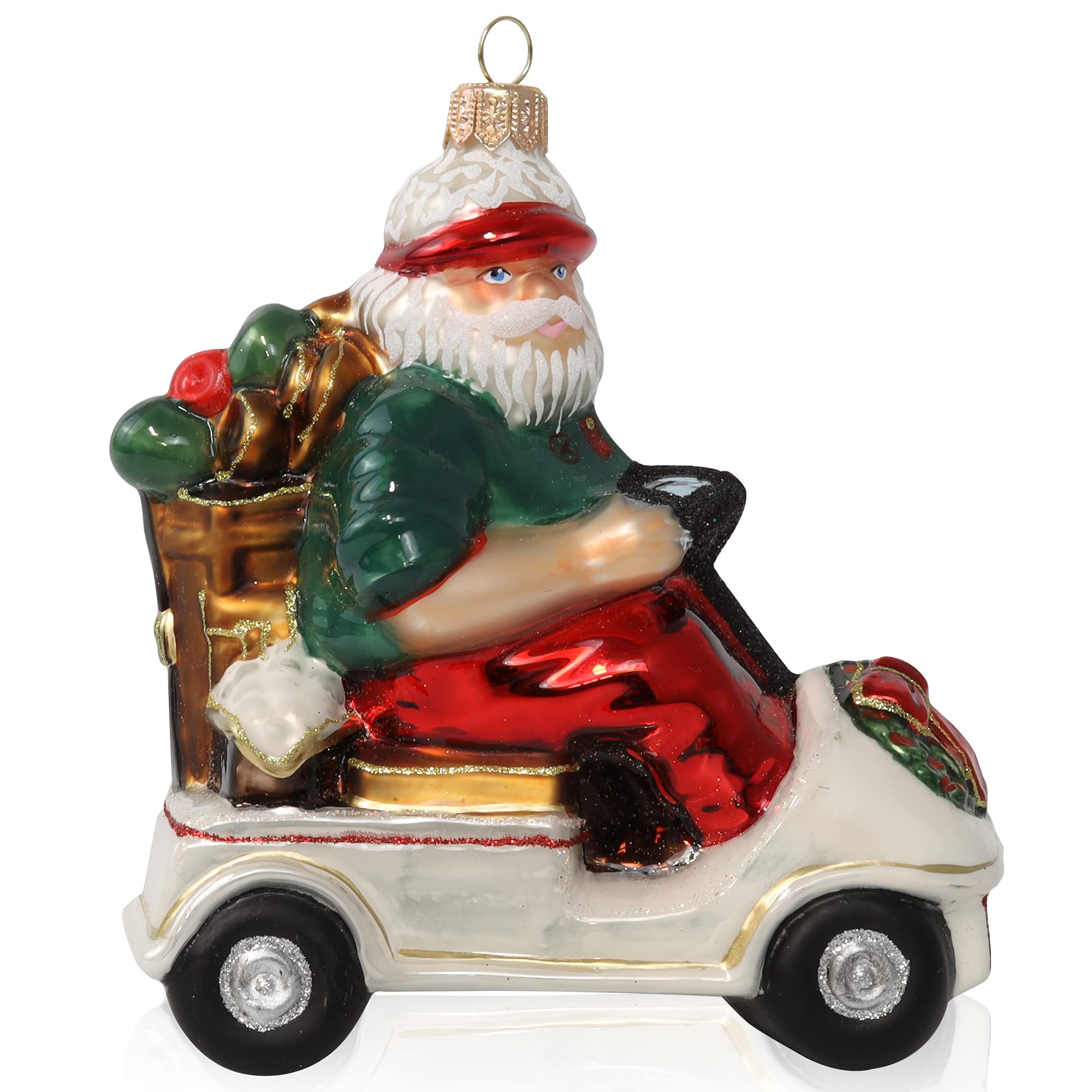 Ornement de Noël Santa en voiture de golf soufflé bouche en Pologne