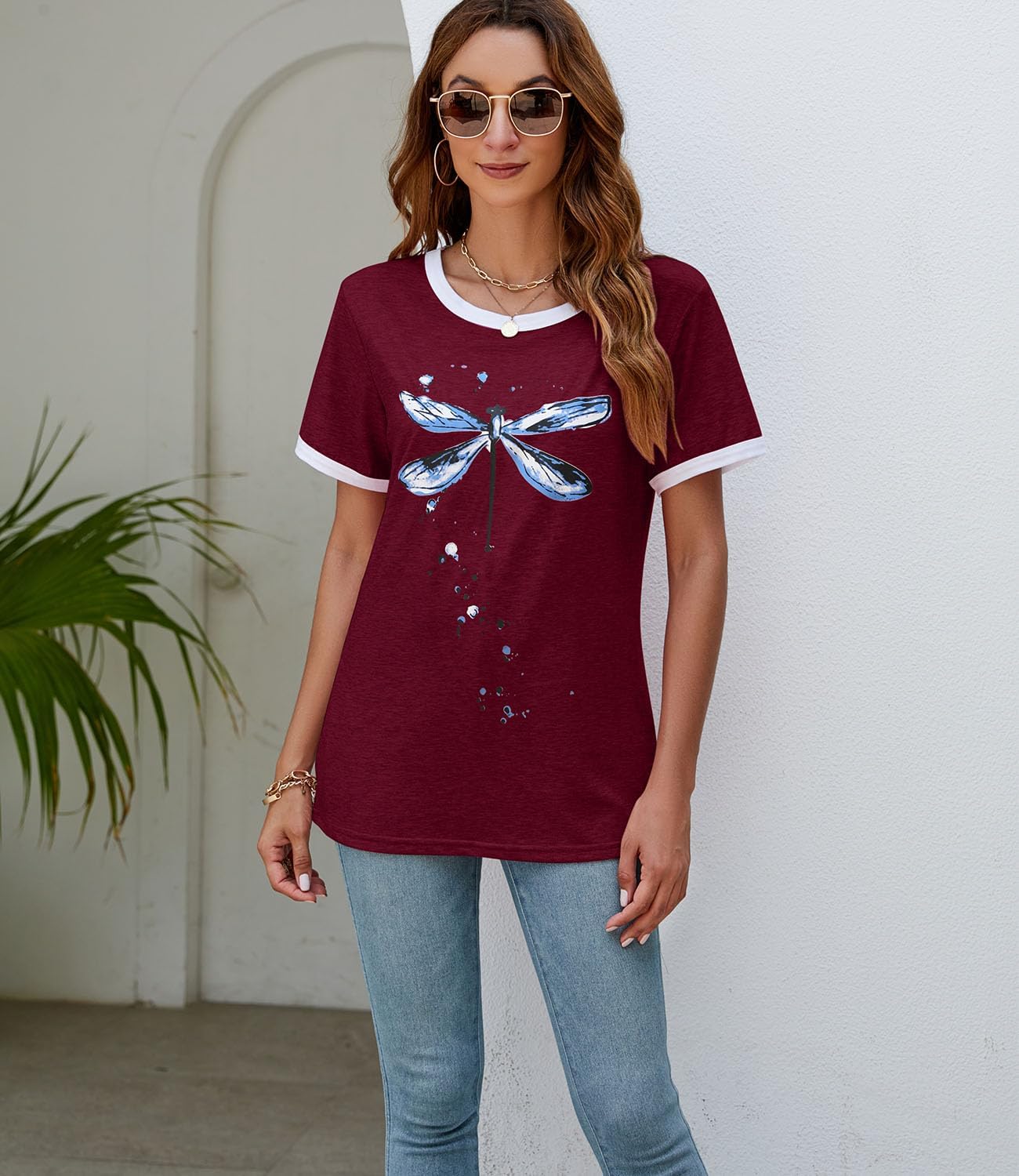 Women's Graphic Tees Casual Summer Funny Dragonfly Printed Short Sleeve Cute T Shirts Tops - Image 2