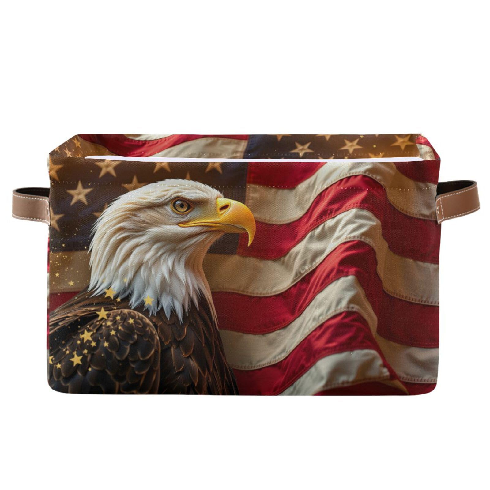Bald Eagle Usa Flag Memorial Day Storage Basket Patriotic Stars Storage Organizer Box Bin Large Collapsible Cube Baskets with PU Handles for Shelf