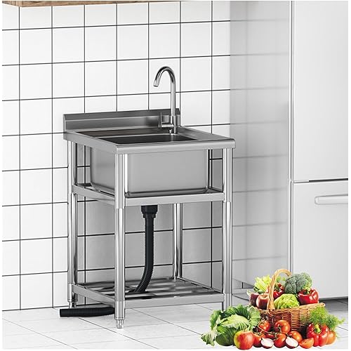 Kitchen Sinks Stainless Steel Sink, Outdoor Station, Industrial Sink, Stainless Steel U-Tility Sink, Commercial Pull Faucet Kitchen Sink, Faucet Combo with Strainer/Single Cold/Hot and C