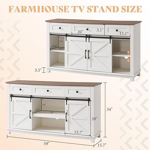 Miniatura 2 de AMERLIFE Soporte de TV de granja para TV de 65 pulgadas, centro de entretenimiento de 59 pulgadas con 2 puertas correderas de granero, cajones de