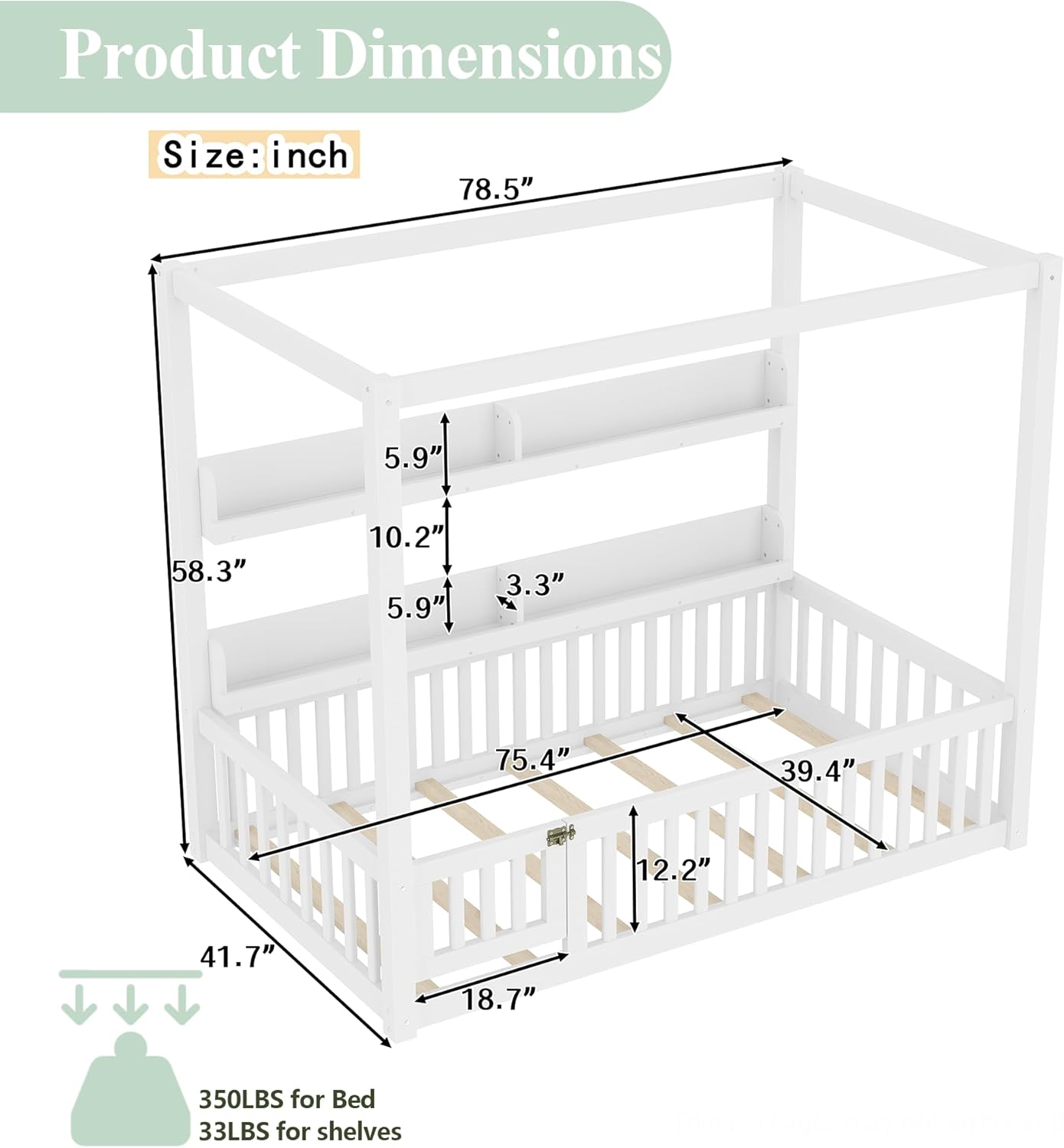 Bellemave Twin Size Canopy Bed with Guardrails and Support Slats, Solid Wood Canopy Floor Bed with Storage Shelves, Canopy Beds Frame for Kids, Teens, Adults, No Box Spring Needed, White