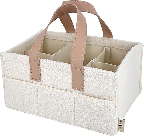 Teddy Sherpa - Organizador de pañales color beige para pañales y artículos esenciales, para guardería neutra, cesta de almacenamiento de pañales