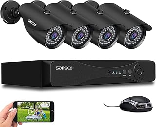 SANSCO 1080P DVR Recorder with 4x Super HD 2.0MP Outdoor CCTV Cameras (P2P Technology, 1920 x1080 Bullet Cam, Rapid USB Storage Backup, Vandal and Water-Proof Body, Night Vision, Mobile App: Xmeye)