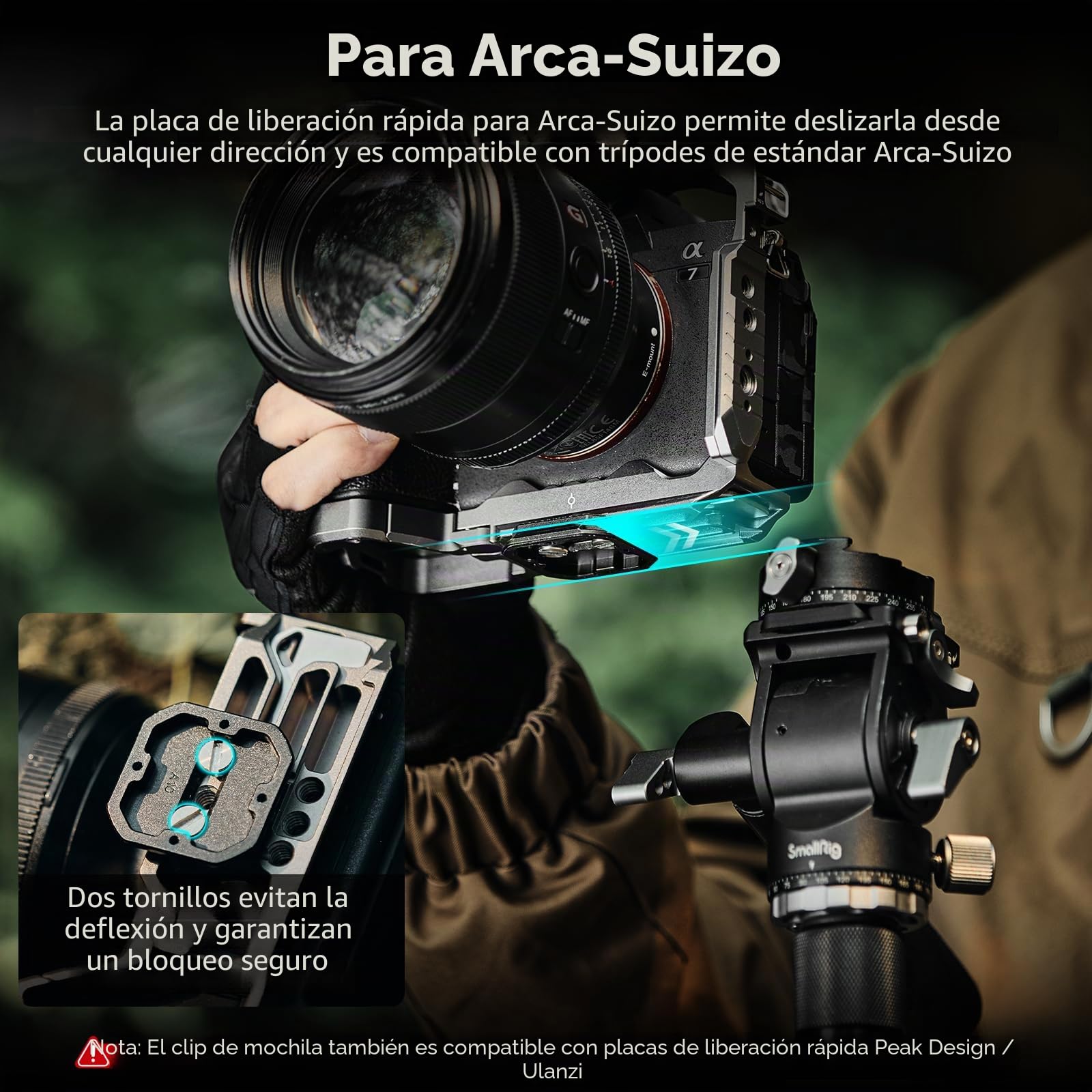 SMALLRIG Clip para Cámara con Placa, Sistema de Liberación Rápida para Sony, para Nikon, para Fujifilm, para Cámara de Acción DSLR, para Arca-Swiss - 5053