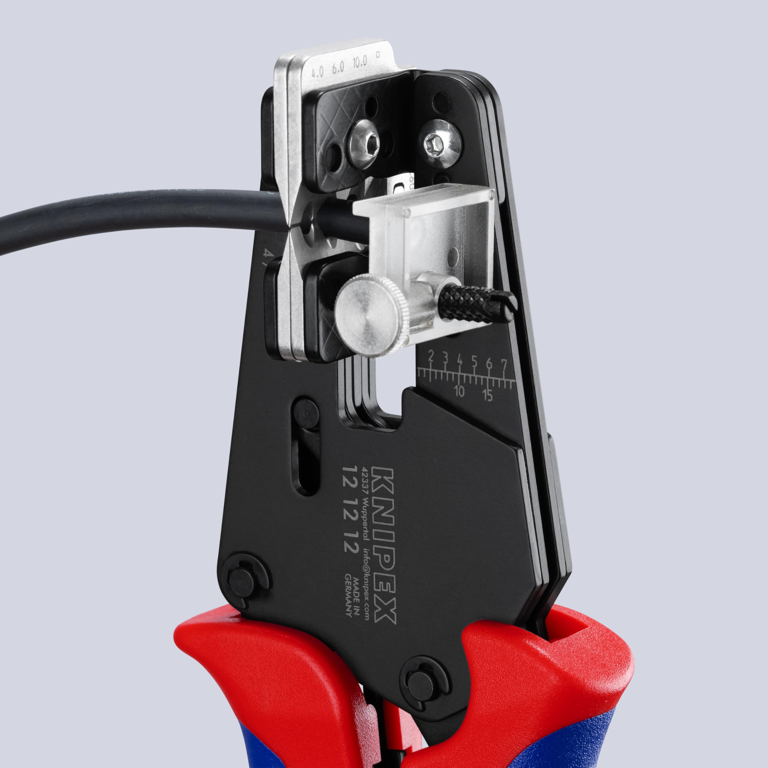 KNIPEX Präzisions-Abisolierzange, für PV-Kabel, 4/6/10 mm², präzise Formmesser, einstellbarer Längenanschlag, Solar-Kabel, 12 12 12