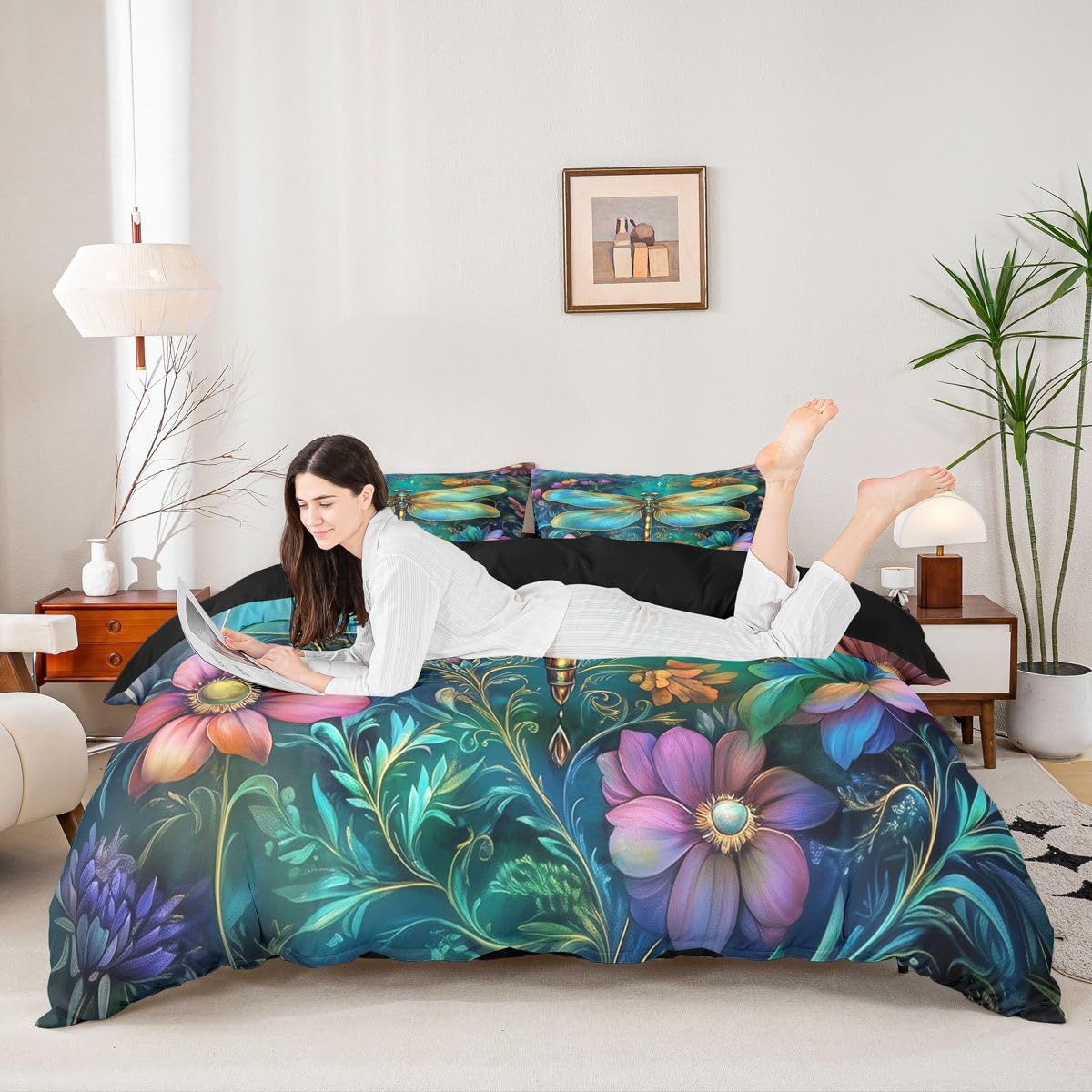 Homewish Ozdobna ważka nadruk super king pościel 3D olej kwiat nadruk poszewka na kołdrę zestaw złote ważki wzór poszewka na kołdrę dla dzieci chłopców dziewcząt, boho kolorowe botaniczne kwiaty