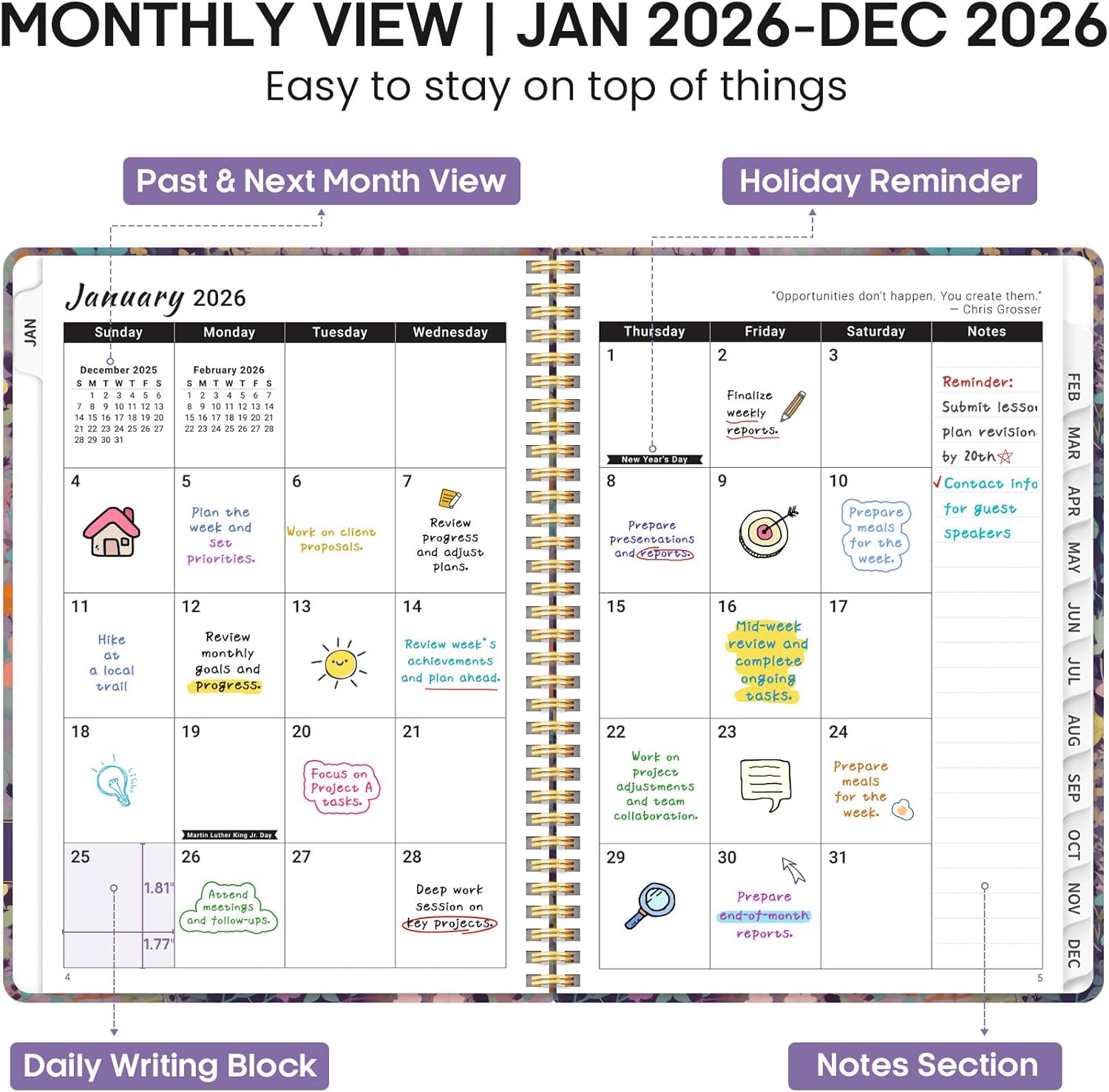 手帳 2026年 カレンダー 手帳 2026年 1月~2026年12月 ハードカバースパイラル手帳 マンスリータブ付き メモページ