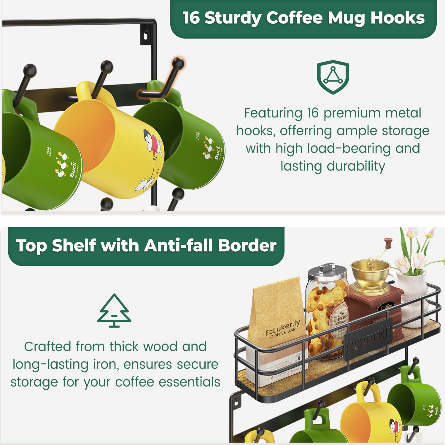 EsLucker.ly Tassenhalter Tassenständer Wand, Tassenregal Tassen Aufhanger Regal für die Wand, Kaffeetassen Regal, Tssenhalter Aufhängen, Platzsparendes Kaffeebar Zubehör, Ideal für Küchen