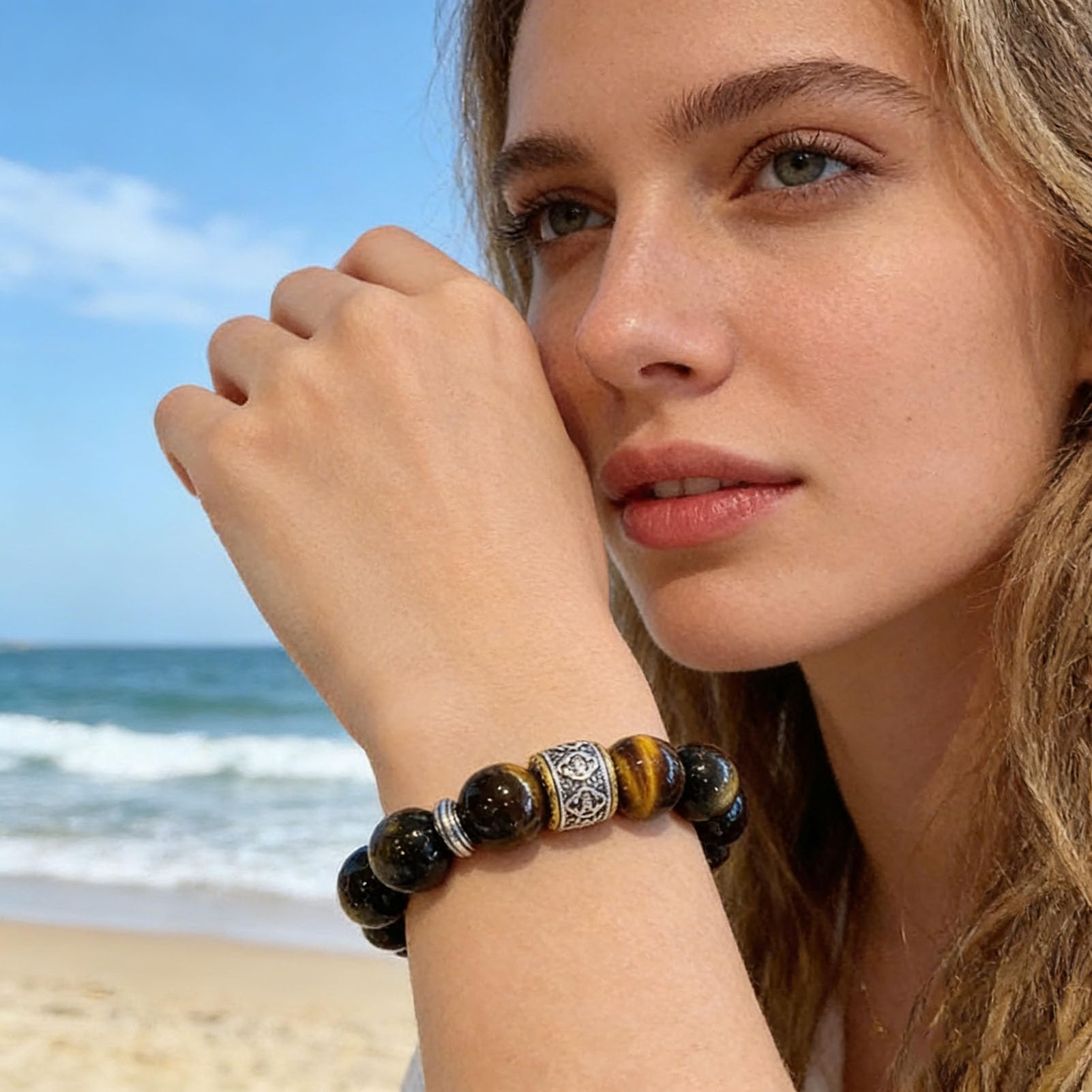 Bracciale in Ossidiana con Occhio di Tigre Giallo e lucentezza Dorata - Perline di Cristallo Nero e Marrone Dorato Naturale per Protezione e Sicurezza, Gioielli Elasticizzati,12MM