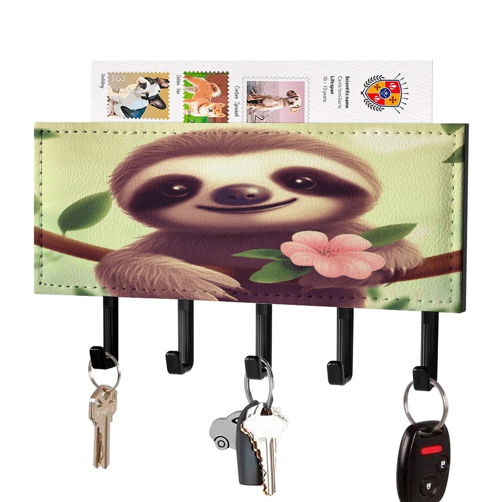 FekiLoot Cute Sloth Key Holder for Wall Decorative Mail Organizer with 5 Key Hook Self Adhesive Key Rack with Tray Coat Rack Wall Mount Key Hanger Decor for Entryway Door