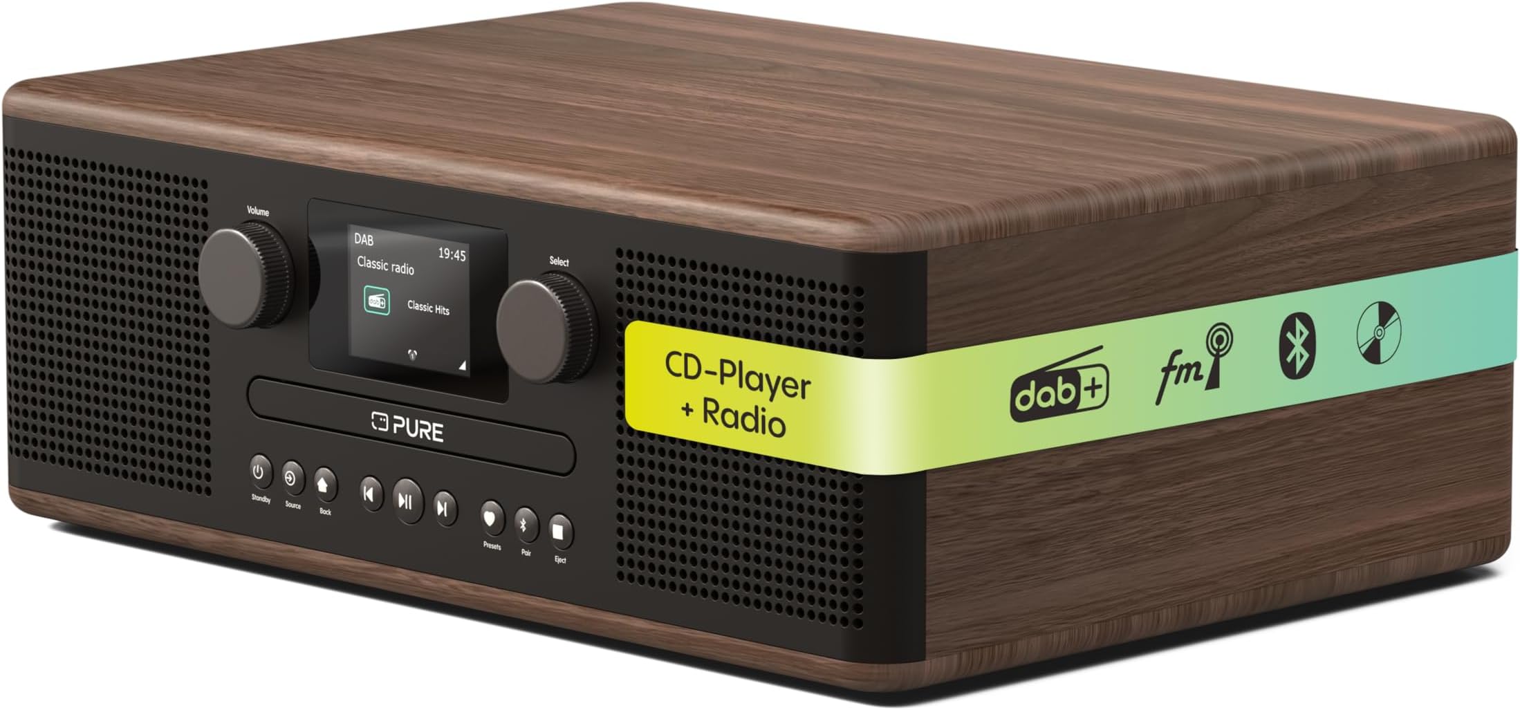 Pure Classic C-D6 Music System (CD Player, DAB+/FM, Bluetooth, AUX, USB, Alarm Sleep Timer) Coffee Black/Walnut