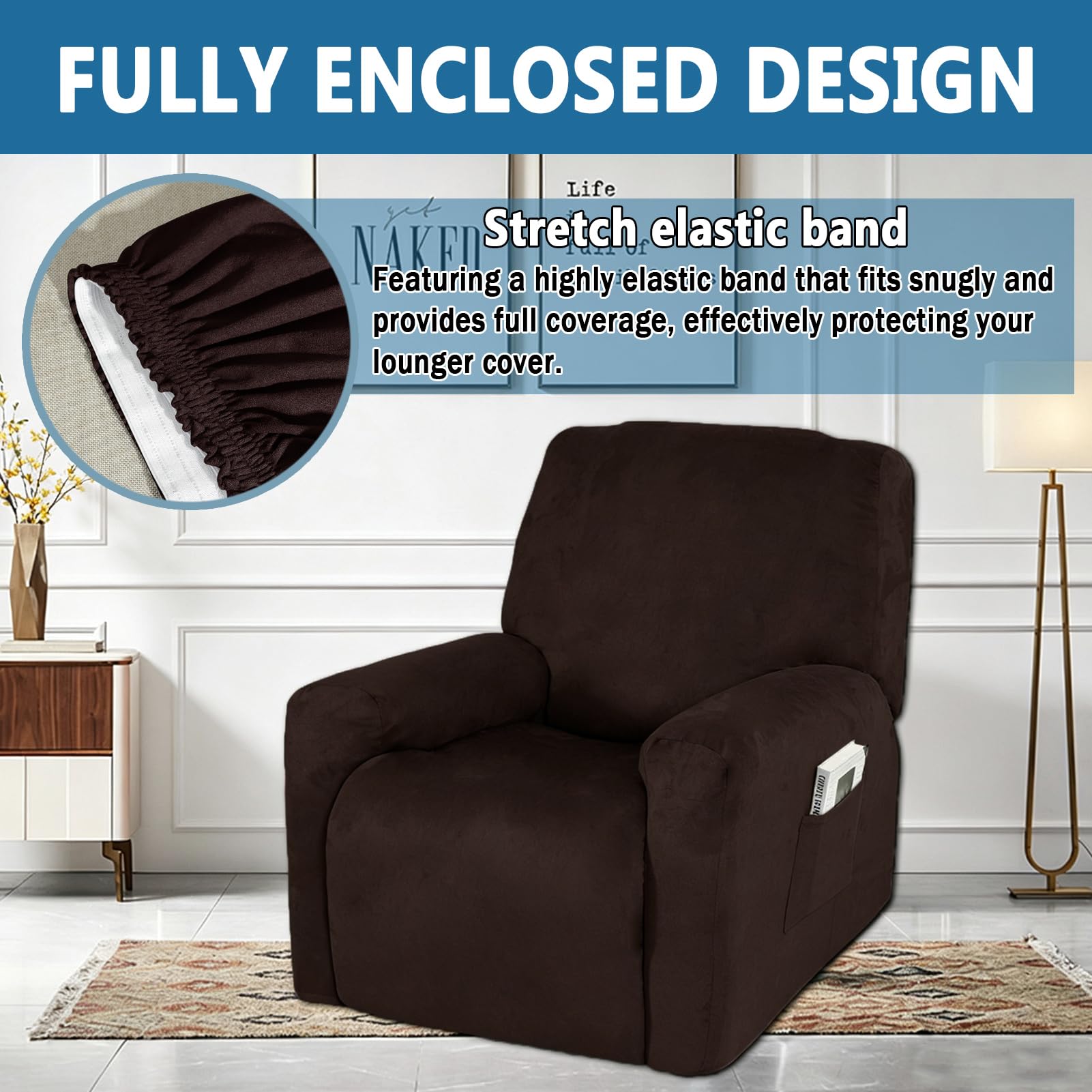 Copripoltrona Elasticizzato Reclinabile con Tasca Laterale, Copripoltrona Relax Reclinabile Impermeabile 1 Posto, per Sedia Massaggiante Elettrica (Marrone Scuro,Disegno Completo)