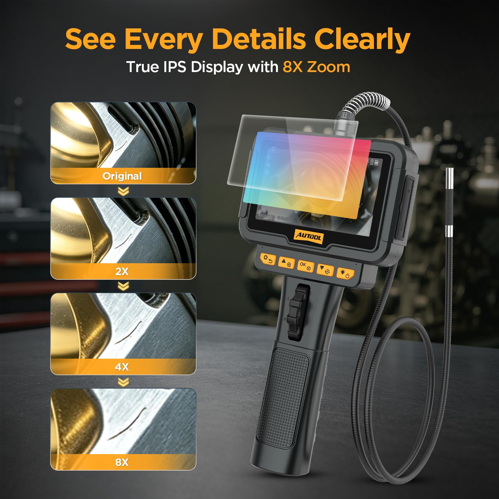 AUTOOL SVB208 Articulating Borescope, 2-Way 210° 0.24in Ultra-Slim Endoscope with Light, 4.3" IPS HD Screen 8X Zoom, IP67 3.3FT Flexible Video Scope Camera for Automotive Engine Inspection — Amazon image 5