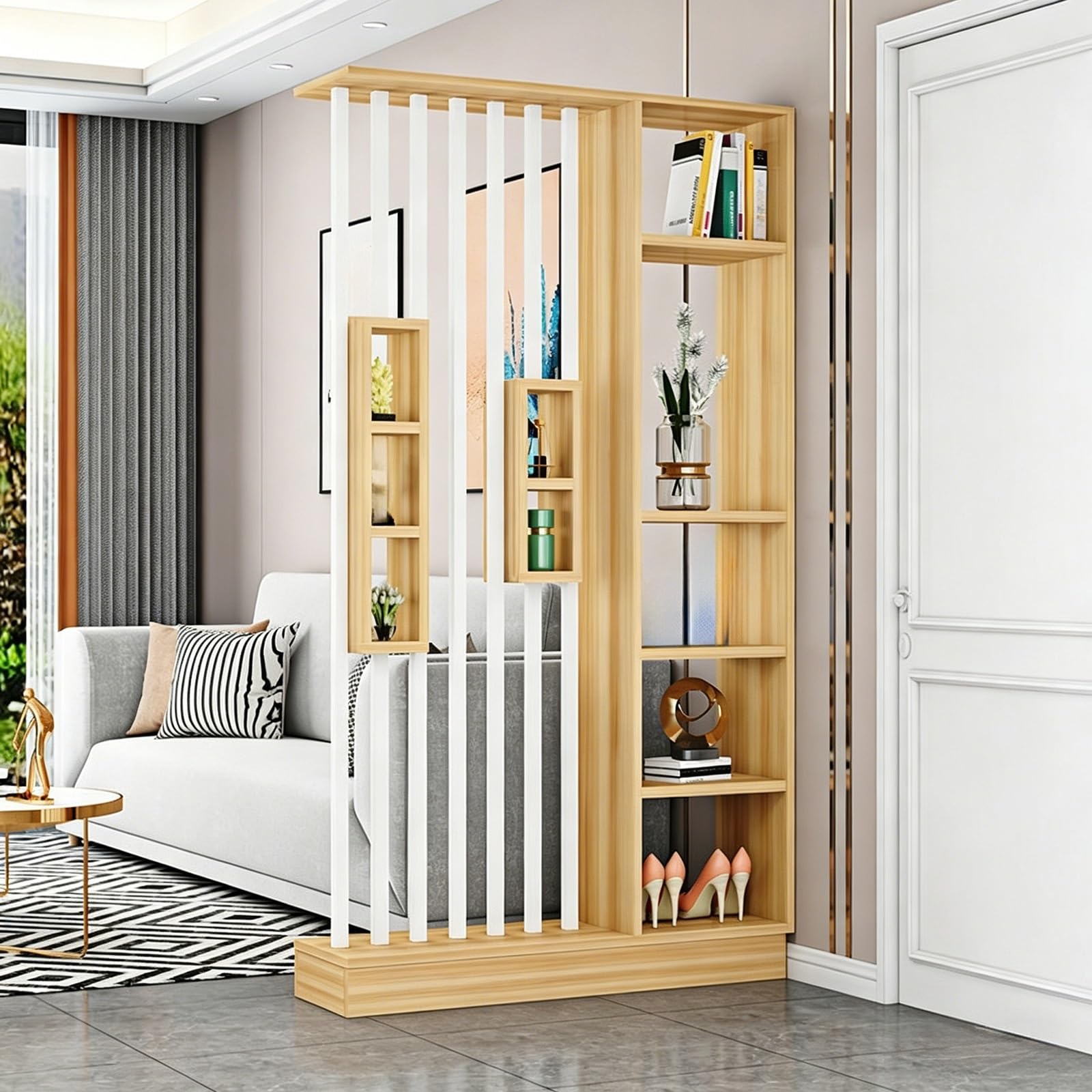 Wall Room Divider, Freestanding Entryway Partition with Open Storage Shelves, Modern Slatted Privacy Screen for Living Room and Hallway(White+Walnut,100cm/39.4in)