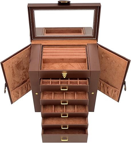 Miniatura 8 de AKOZLIN - Organizador de joyas grande de 6 niveles, con cerradura, funcional y enorme, con 5 cajones, de cuero, para mujeres y niñas, para anillos,