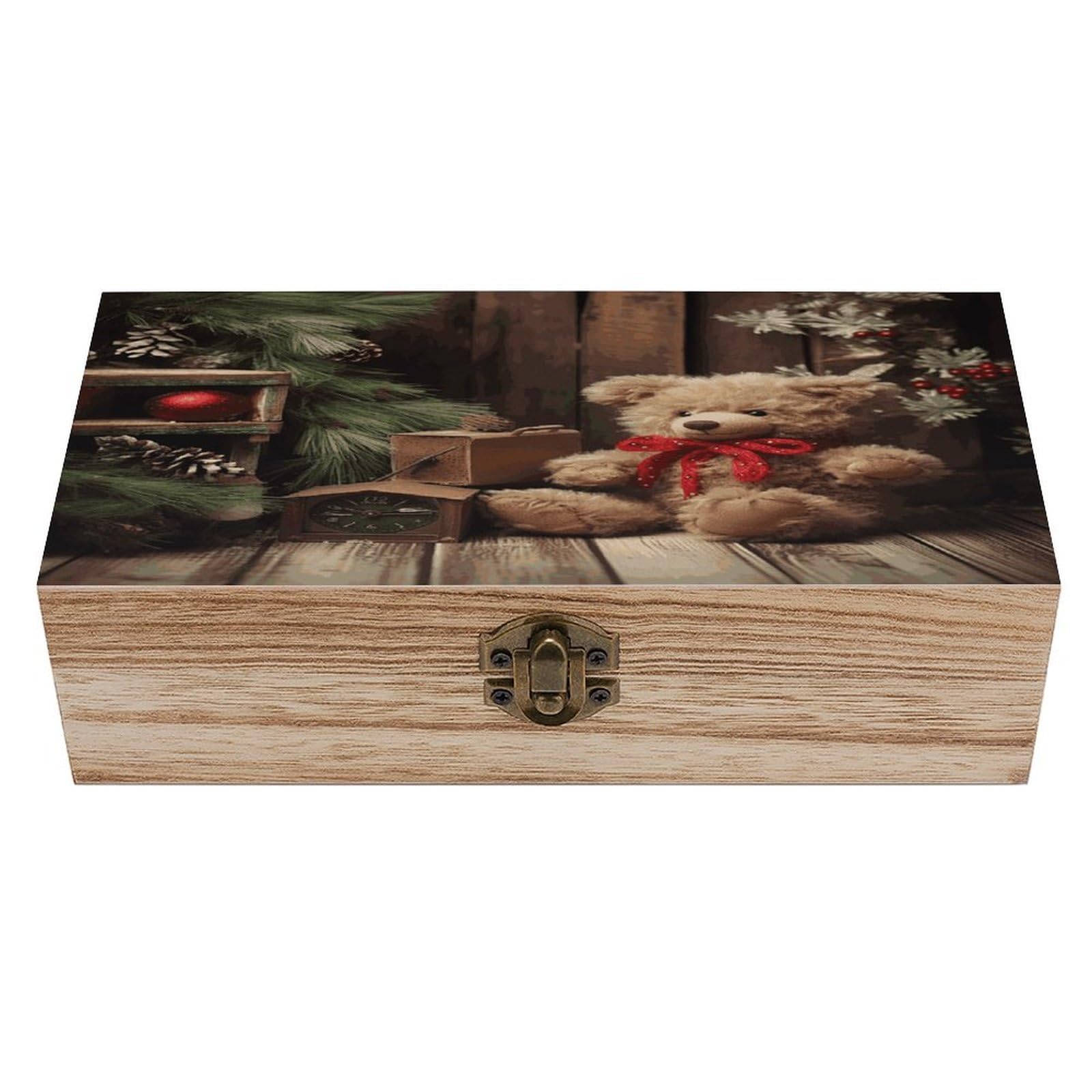 VstaDank Xmas Tree Branch Bear Doll Wooden Storage Box Wooden Keepsake Box with A Hinged Lid Fashion Memory Treasure Boxes Decorative Jewelry Case for Crafts Photo Home Decor Wood Gift Box