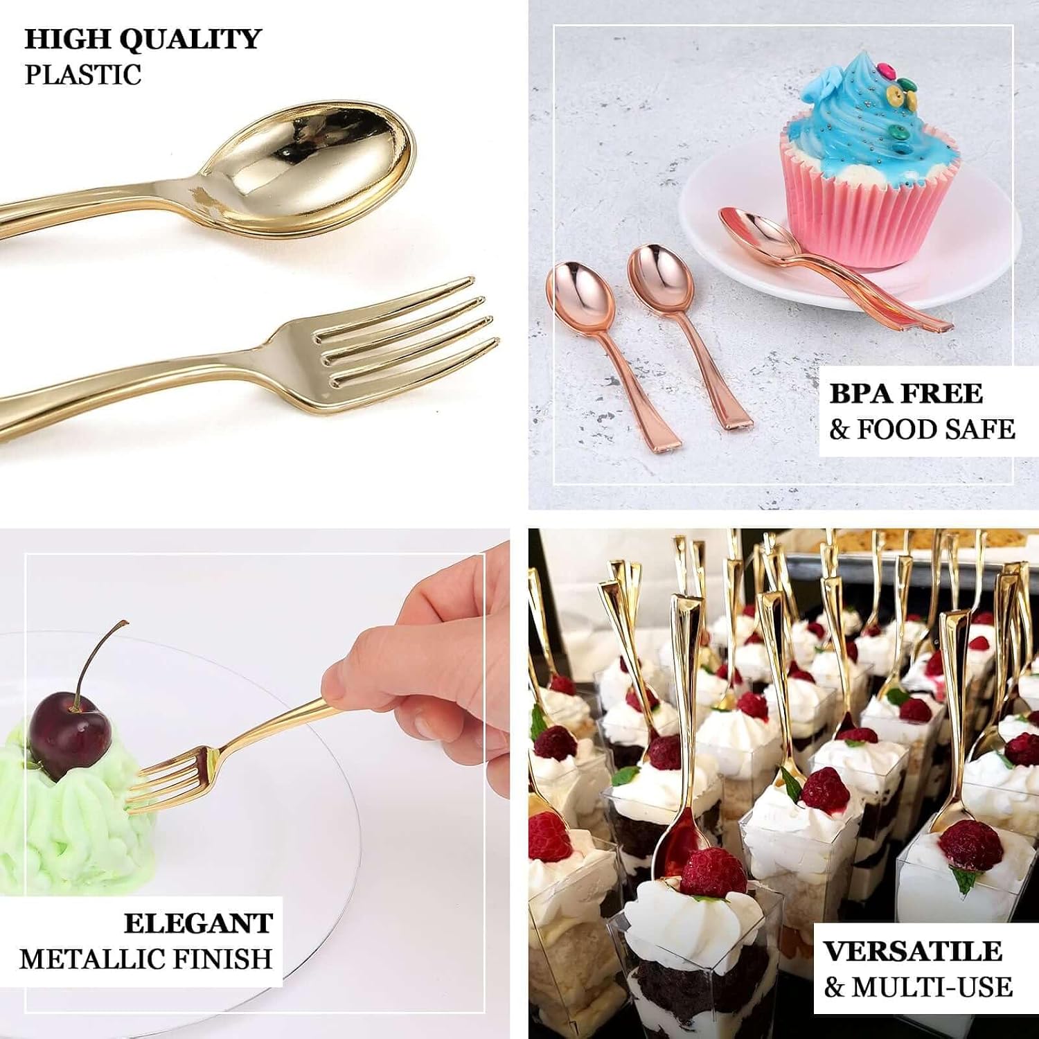 Efavormart 24 Pack 4" Mini Rose Gold Plastic Silverware Spoons, Small Disposable Dessert Tasting Spoons with Metallic Finish - Heavy Duty Tasting Cutlery