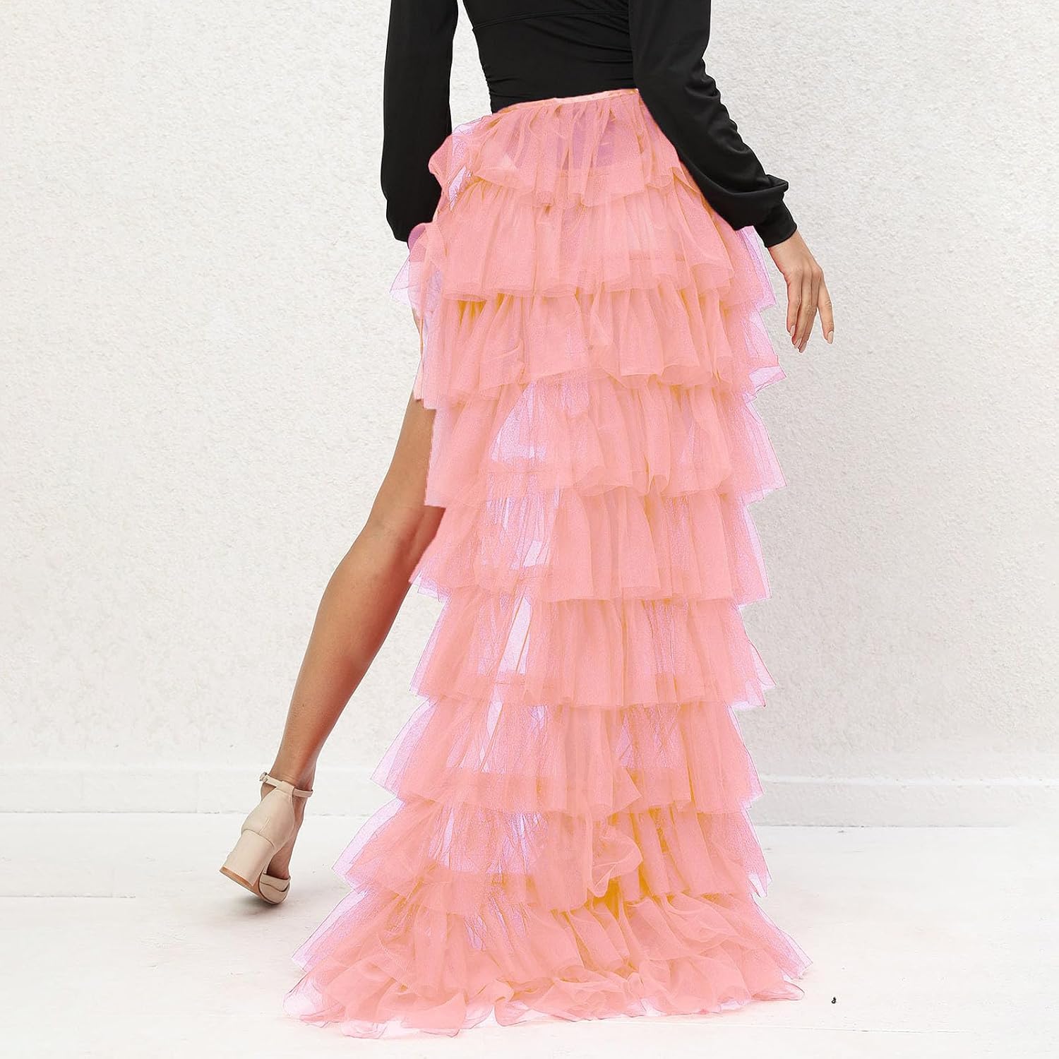 Women's Maxi Ruffle Skirt Long High Low Fluffy Tutu Skirt High Side Slit Summer 80s Prom Dress Layer Puffy Skirt