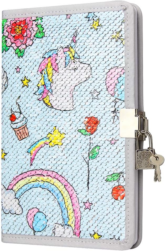 PojoTech Unicorn Notebook Sequin Secret Diary with Lock, Reversible Mermaid Sequin Notebook Private Journal Magic Travel Journal Unicorn Notebook Gift for Adults and Kids (Unicorn01)