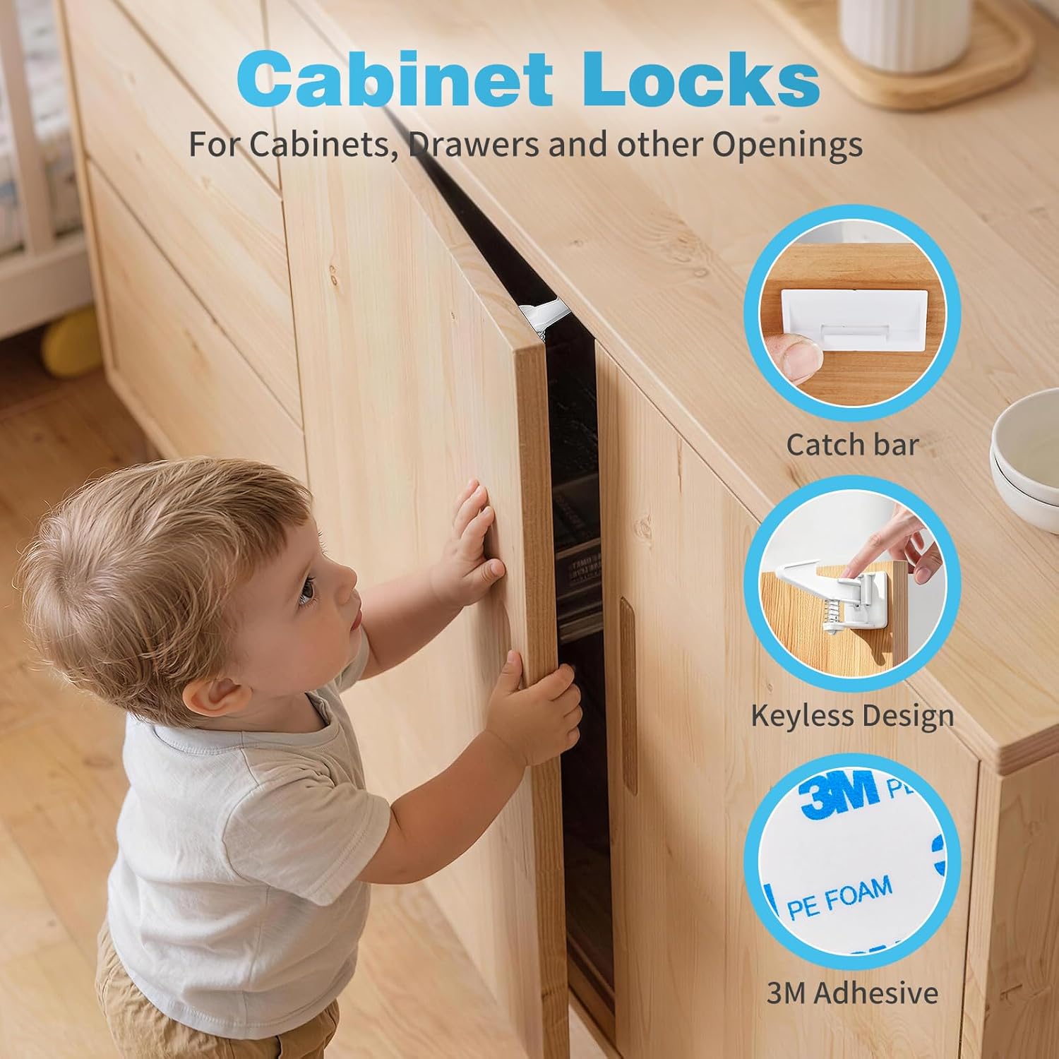 Inaya Baby Proofing Kit Advanced Set - Child Safety Hidden Locks for Cabinets & Drawers, Adjustable Safety Latches, Door Lever Locks and Outlet Covers and more - Keep Your Child Safe at Home