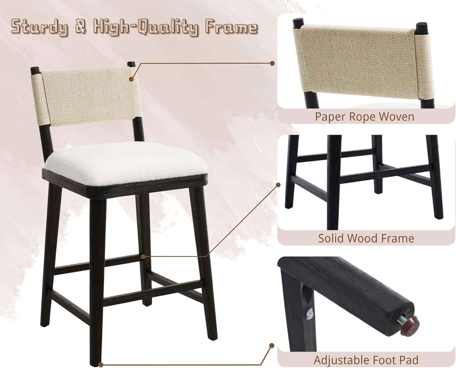 EALSON Rattan Modern Farmhouse Bar Stools Set of 4 Wooden Barstools with Woven Rope Backs 26 Inch Counter Stool Boucle Upholstered Breakfast Bar Chairs for Kitchen Island, Black and White