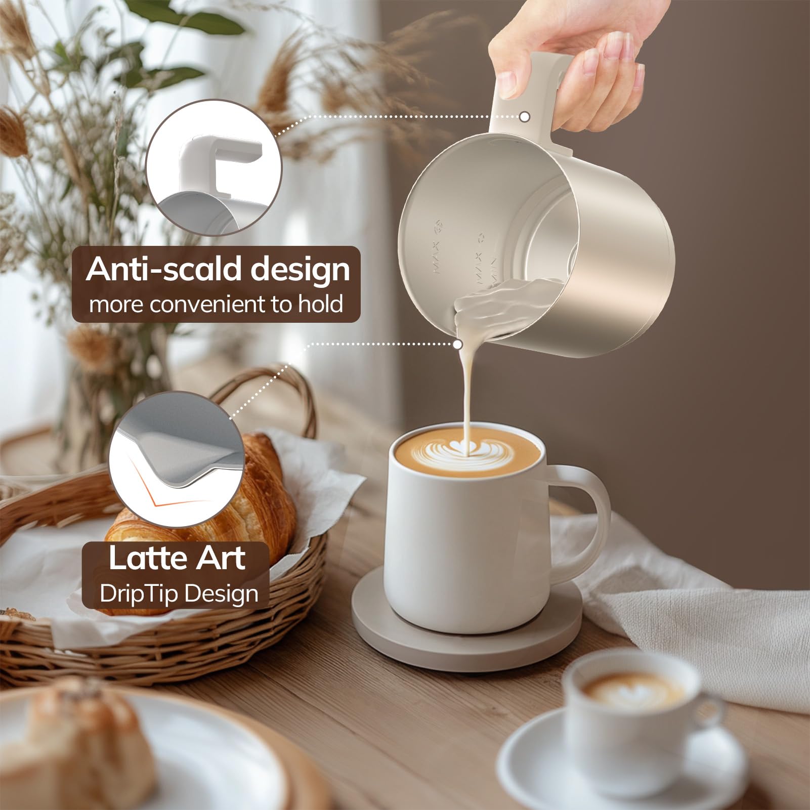 Morpilot Espumador de Leche Eléctrico 500ML Calentador de Leche 6 en 1, para Espuma Caliente y Fría, Chocolate Caliente, Latte, Capuchino y Macchiato, Apto para Lavajillas, Acero Inoxidable, Blanco