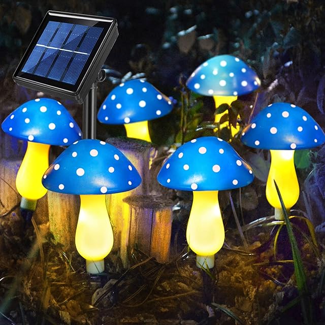Abkshine Set of 6 Blue Solar Garden Lights, Solar Powered Mushroom Stake Lights for Outdoor Decor, Waterproof Garden Ornaments for Backyard Lawn Pathway Landscape Fence Christmas Halloween Yard Decor