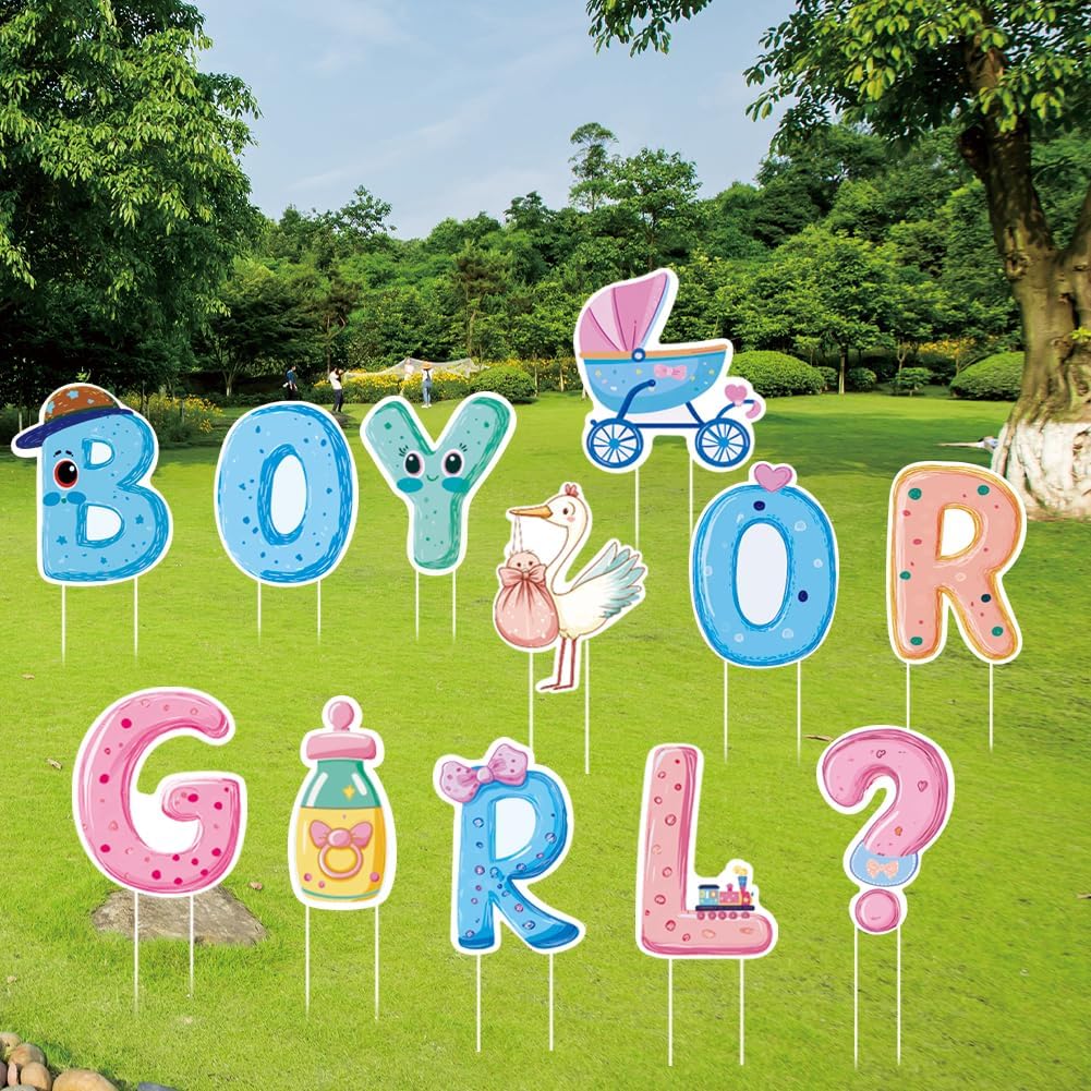 SUPERDANT 12Pcs Gender Reveal Party Yard Sign with 24 Stakes Boy Or Girl Baby Shower Lawn Decorations The Birth Party Outdoor Sign Newborn Garden Decorative Sign for Celebration 11.8x11inch
