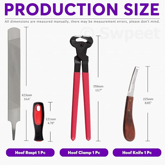 Swpeet 8Pcs Professional Farrier Tools Value Kit with Roll Pack, Horses Hoof Trimmers Shears Tools, Hoof Cutter, Farrier Rasp File and Rubber Handle, Hoof Nipper, Horseshoe Brush, Hoof Knife