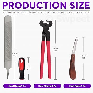 Swpeet 8Pcs Professional Farrier Tools Value Kit with Roll Pack, Horses Hoof Trimmers Shears Tools, Hoof Cutter, Farrier Rasp File and Rubber Handle, Hoof Nipper, Horseshoe Brush, Hoof Knife