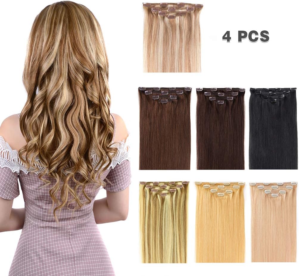 16" Clip in Hair Extensions Remy Human Hair for Women - Silky Straight Real Human Hair hightlight Clip on 55grams 4pieces #6/613 Color ¡­