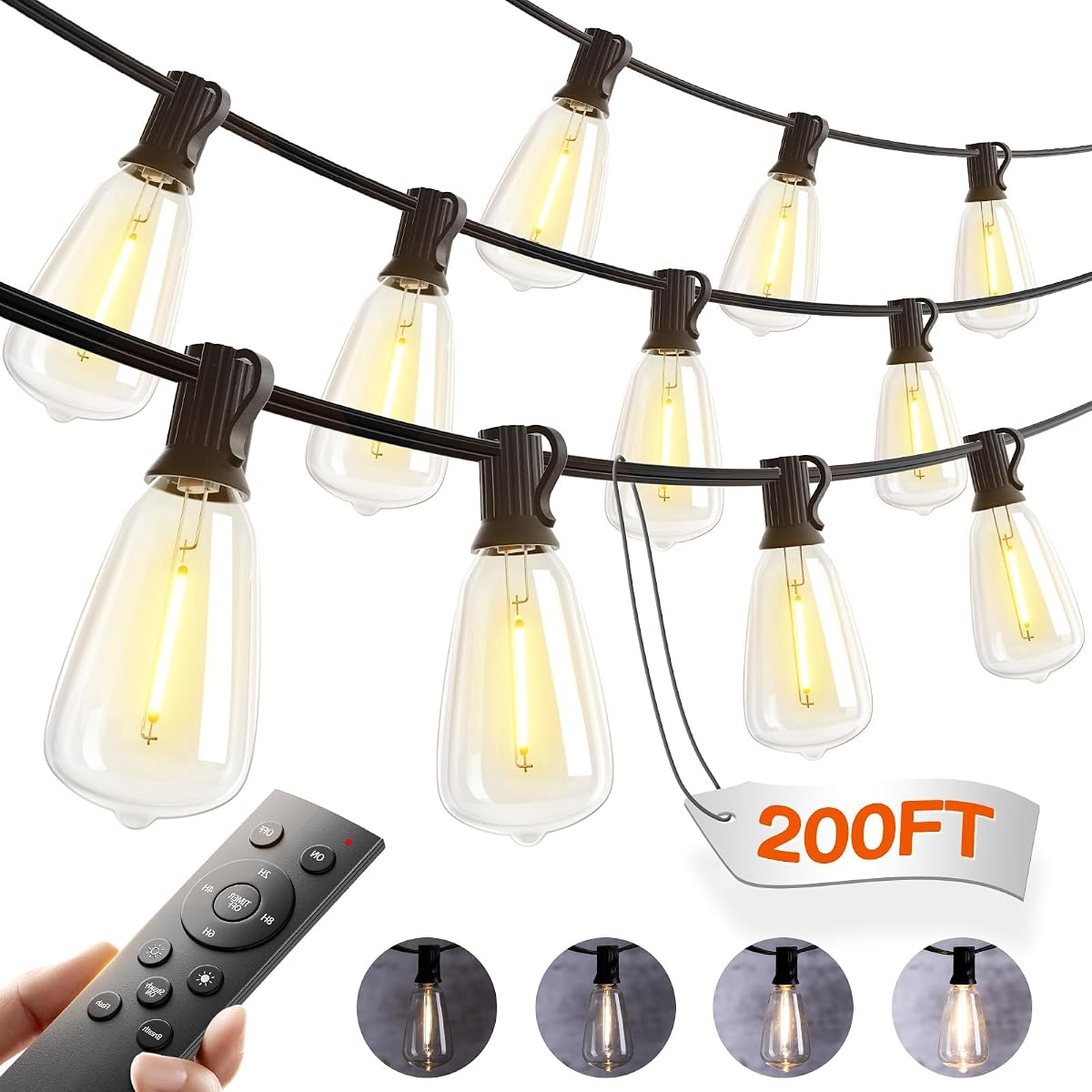 200 (50 pies * 4) luces de cadena para exteriores con control remoto LED Edison impermeable | Bombillas inastillables de plástico ST38, iluminación Extra larga, colgantes para Patio exterior, pérgola, bistró, porche, fiesta en el jardín