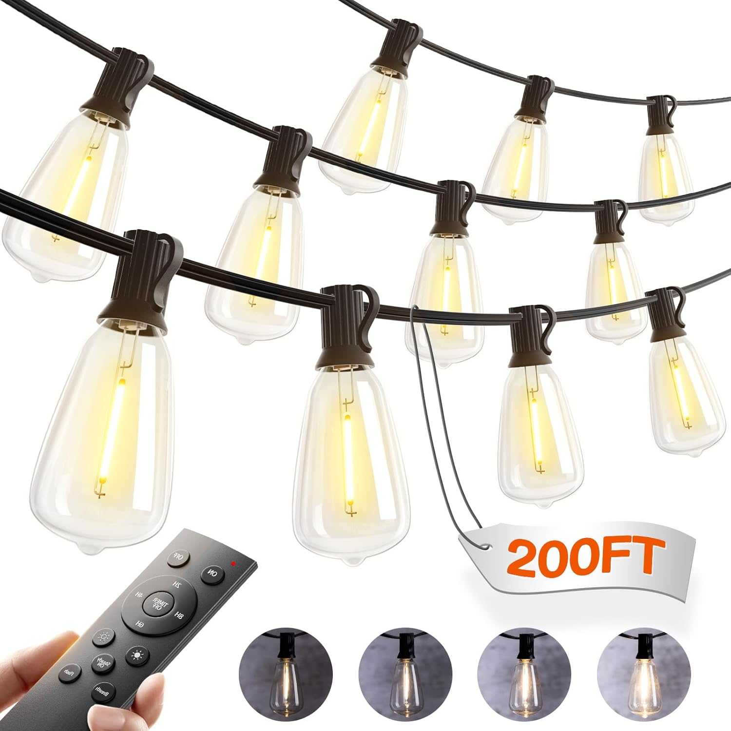 addlon 200FT Outdoor String Lights with Remote - Waterproof, Shatterproof Dimmable LED Bulbs, Connectable for Patio Backyard Garden
