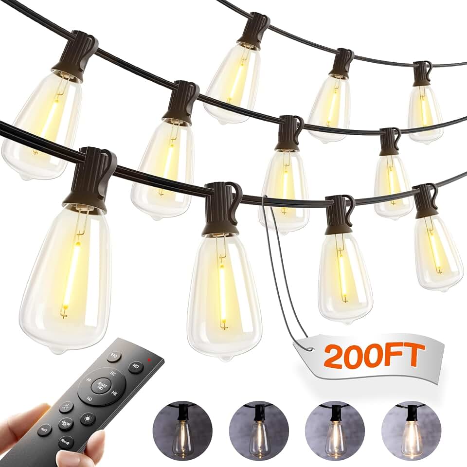 addlon 200(50FT*4) Outdoor String Lights with Remote LED Edison Waterproof | Plastic ST38 Shatterproof Bulbs, Extra Long Lighting, Hanging for Patio Outside Backyard Pergola Bistro Porch Garden Party